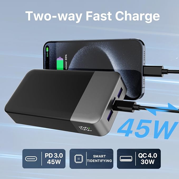 NOBIS Portable Charger 45W 20000mAh Power Bank Fast Charging | 2C+2A Battery Pack with C to C Cable, Battery Bank with Digital Display for iPhone Android Laptop etc - Image 5