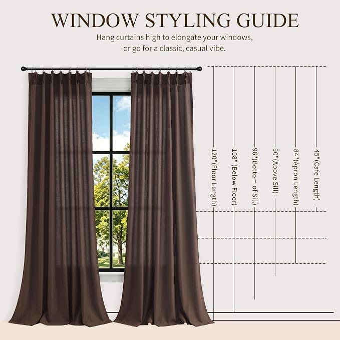 Hokibero Coffee Pinch Pleated Linen Curtains 102 Inch Long for Living Room | Brown Light Filtering Sheer Curtain,Pinch Pleat Back Tab Hooks Rings,Boho Textured Privacy Drapes for Bedroom Window,2 Panels - Image 9