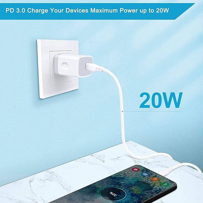 USB C Wall Charger,2Pack 20W PD 3.0 Type C Fast Charger Plug Power Adapter Charging Block for Samsung Galaxy A36/A16 5G/A15/A35/A55/A56/A14/S25 Ultra/S24/S24 FE/S23/S22/S21/S10/iPhone 16e/16/15/14/13 - Image 6