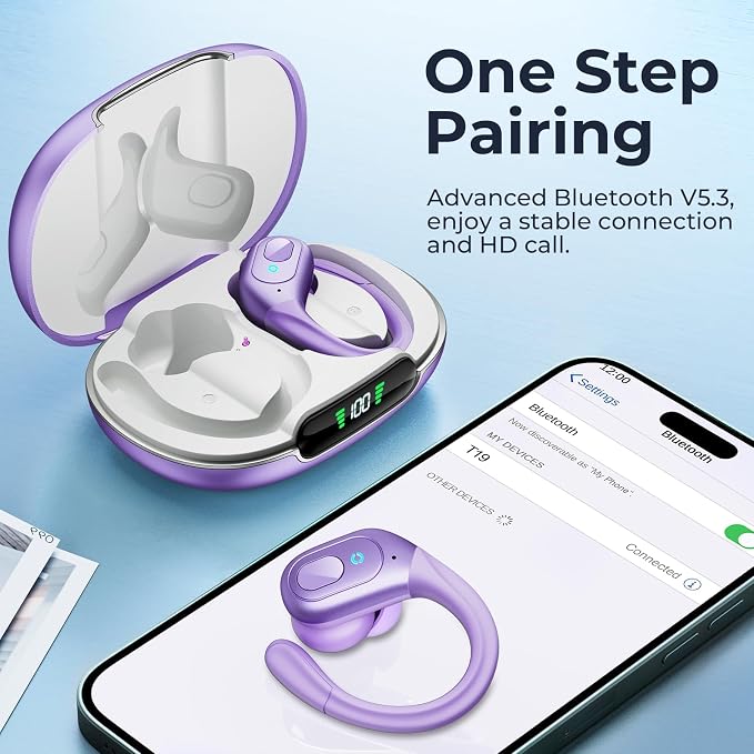 occiam Active Noise Cancelling Earbuds Wireless Bluetooth Headphones | Ear Buds 90Hrs Playback Stereo Bass Earphones with Mic Over-Ear Hooks IPX7 Waterproof Headset for Work Sports - Image 6