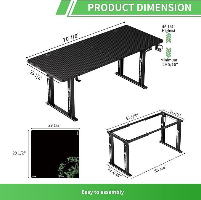 X-Win 71" Electric Standing Desk, 4-Leg Height Adjustable Gaming Desk | 4-leg standing desk design delivers enhanced stability and support, keeping gaming setups and workstations steady. - Image 3
