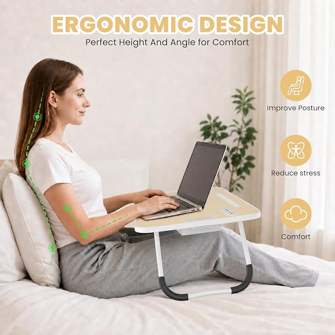 Lap Desk for Laptop Tray, Foldable Laptop Bed Desk with Storage Drawer | Bed Laptop Table for Adults with Light & Cup Holder & USB Ports, Laptop Stand for Couch Writing Reading Eating, Beige - Image 3