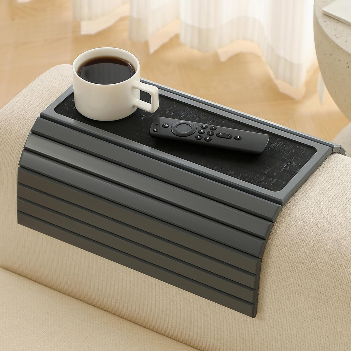 Bamboo Couch Arm Tray Table with Anti-Slip Cork Pad，Foldable Sofa Armrest Tray Table for Couch，Flexible Couch Arm Cup Holder，Portable Sofa Arm Chair Table for Drink, Snacks, Phone, Remote (Gray) - Image 2