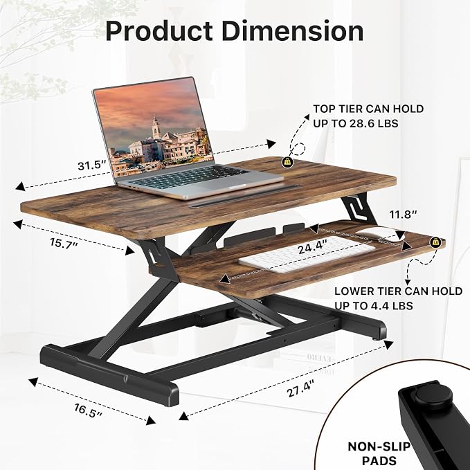 JOY worker Standing Desk Converter, 32" Height Adjustable Sit Stand Riser | Rustic Brown Table Top Stand Up desk with Fixed Keyboard Tray, Monitor and Laptop Workstation, Particle Board, Home Office - Image 2
