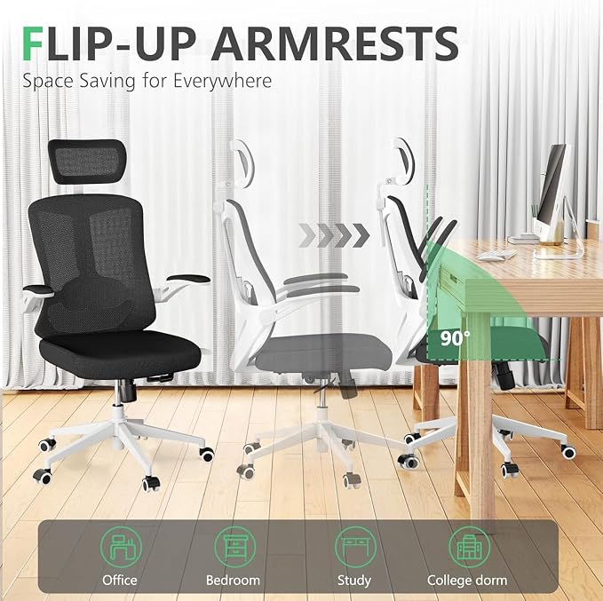 Office Chair (07White-Black, Chair) | 360° Swivel Adjustable Lumbar Support & Flip-Up Armrests capacity 300 lbs capacity - Image 5