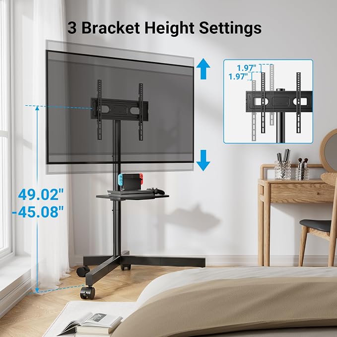 PERLESMITH Rolling TV Stand for 26-65 Inch TVs up to 88 lbs, Mobile Outdoor TV Stand with Shelf & Large Base, Tilt TV Stand with Wheels, Portable TV Cart for Bedroom, Max VESA 400x400mm, PSTVMC06B-B - Image 4