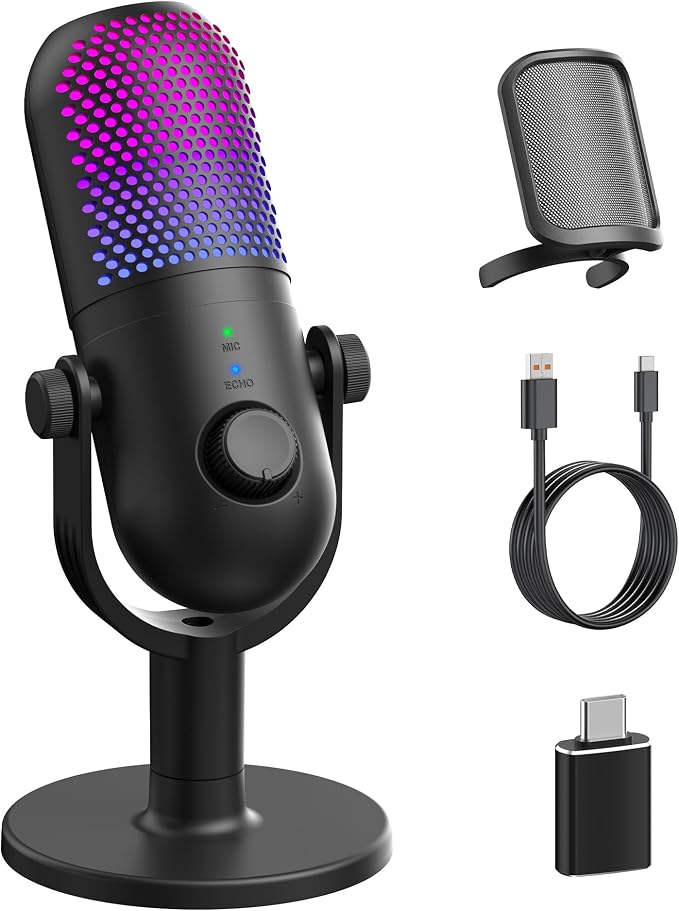 USB Microphone for PC Gaming: Condenser Microphone RGB for Gamer with Stand Mic - Recording Mic for Computer&Laptop with Qiuck Mute - Desk Podcast Mic for Podcast & Singing & Streaming & Youtube Black by Unknown
