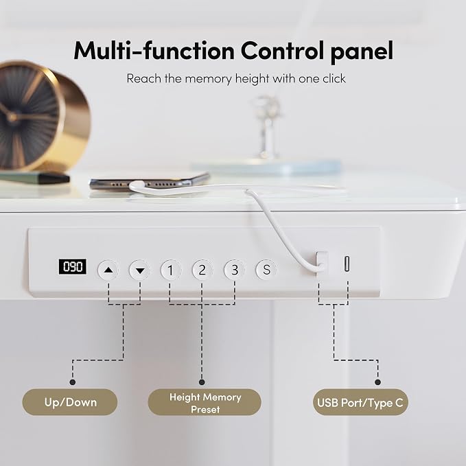 BANTI Electric Standing Desk with Drawers, 55 inch Whole-Piece Glass Desktop, Height Adjustable Stand up Sit Stand Home Office Ergonomic Workstation, White Tabletop - Image 6