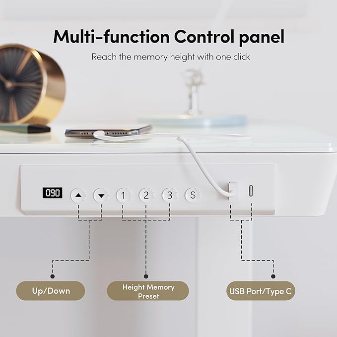 BANTI Electric Standing Desk with Drawers, 48 inch Whole-Piece Glass Desktop, Height Adjustable Stand up Sit Stand Home Office Ergonomic Workstation, White Tabletop - Image 6