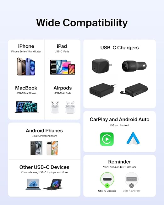 Belkin USB C to USB C 60W Braided Cable 9.9ft iPhone Charger Cord | iPhone 15/16/17, Samsung Galaxy S26, Pixel 10, Airpods, iPad, Nintendo Switch 2, MacBook, Steam Deck, Travel, Chromebook - Image 5