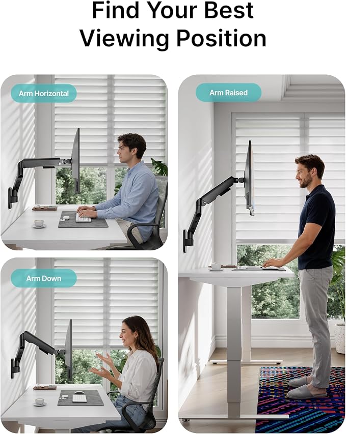 PEGZONE Single Monitor Wall Arm 17"-40" Ultrawide 26.4Lbs VESA Black | Fully Adjustable, Space Saving Design, VESA 75x75 & 100x100, For Home Office Gaming, Supports Ultrawide Displays - Image 6