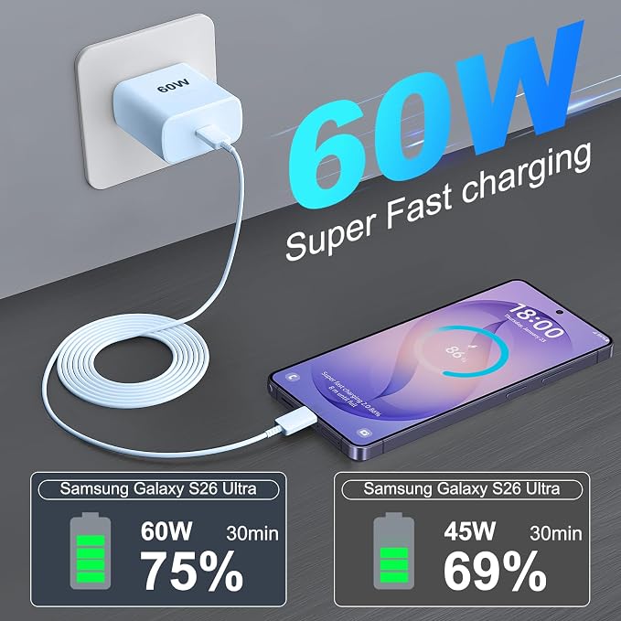 Super Fast Charger Type C 60W USB C Fast Charger Block with 10FT Extra Long Type-C Charging Cord-Super Fast Charging 3.0 for Samsung Galaxy S26 Ultra/S26/S26+/S25 /S24/S23 Ultra-Blue - Image 3