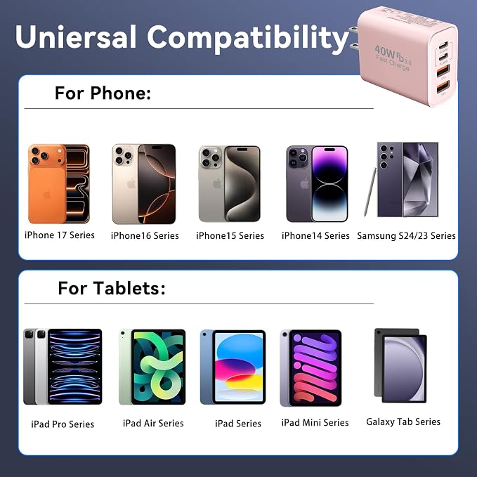 USB C Wall Fast Charger Block, 40W 4-Port Type C Chargers Fast Charging Blocks PD Power Charger Adapter+QC 3.0 USB Multiport Charger Brick for Phone 17/16/15/14/13/12 Pro Max, i-Pad, Galaxy S25-2Pack - Image 4