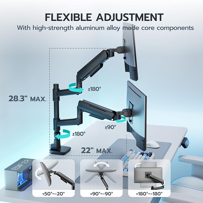 ARES WING Dual Monitor Mount for 17-49 Inch Screen, Black | Ultrawide Heavy Duty Computer Monitor Arm Desk Mount for Curved Screen, Gas Spring Adjustable Vesa Stand - Image 7