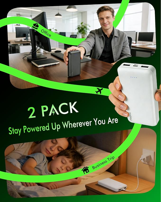 Miady 2-Pack Portable Charger PD 22.5W Power Bank 20000mAh Battery Pack | 74Wh丨Fast Charging丨3 Outputs 2 Inputs丨High Capacity丨Compatible with iPhone 17 iPad Android etc丨for Travel Camping丨Black+Black - Image 6