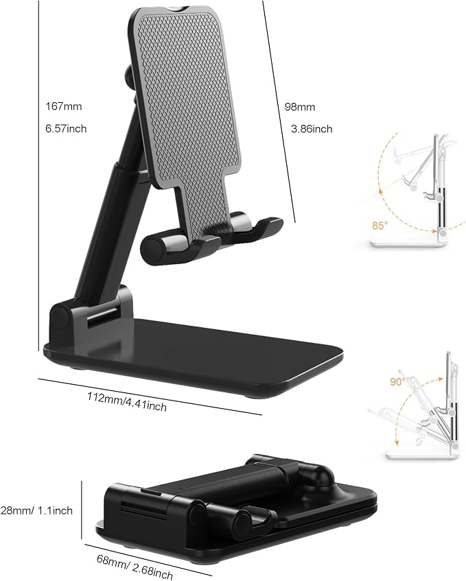 Phone Stand for Desk Cell Phone Holder Stands for iPhones, Black | Mini, Cute, Portable, Fully Foldable, Under 8" Devices, All Smart phones, Office Accessories - Image 6