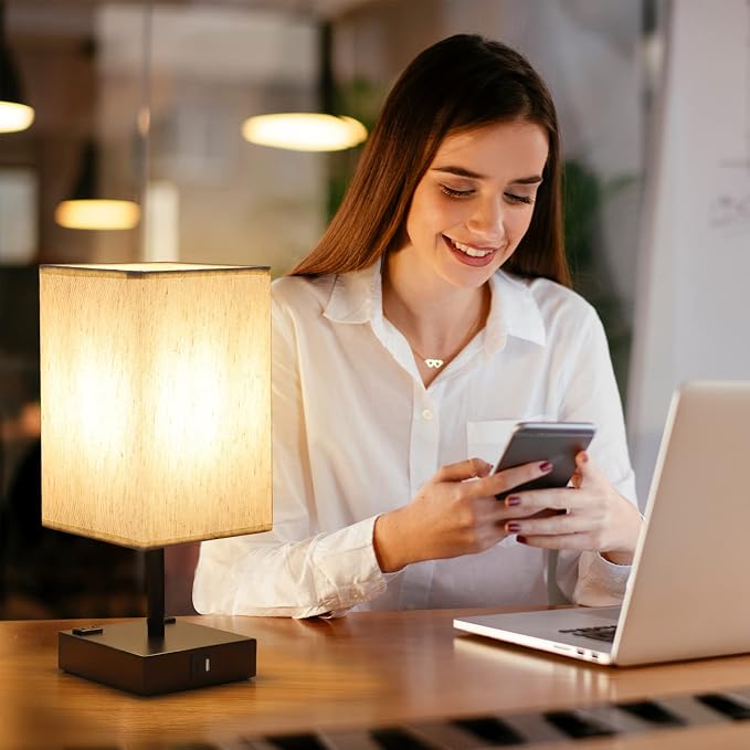 Bedside Table Lamp for Bedroom - Touch Small Lamp with USB C+A Charging Ports & AC Outlets, 3 Way Dimmable Nightstand Light for Living Room (LED Bulb Included, Flaxen) - Image 5