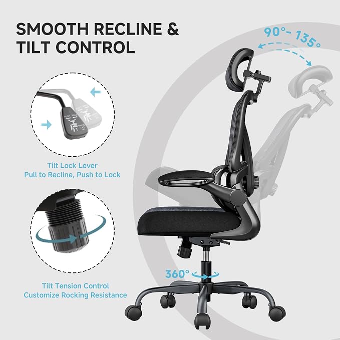 Ergonomic Office Chair, 330LBS Desk Chair with 3-Level Lumbar Support & Headrest, Breathable Mesh Backrest, Flip-Up Armrests for Home Office and Gaming, Black - Image 7