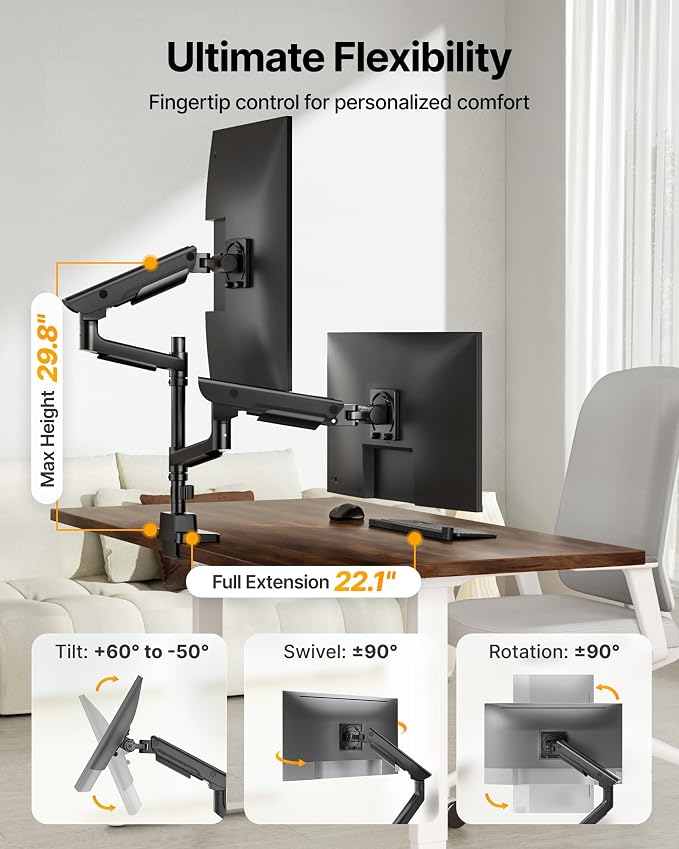 monTEK Dual Ultrawide Monitor Arm for 17-57" Screens, USB, Black | USB-A/C ports, pneumatic lift, quick-release VESA 75/100 plates, clamp/grommet bases and hidden cable routing - Image 5