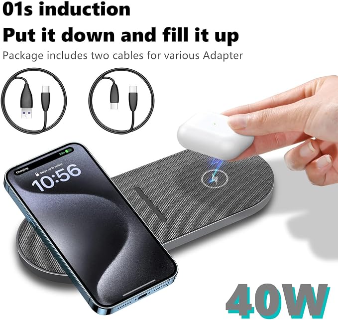 40W Wireless Charging Pad, Dual 20W Fast Wireless Charging Mat for iPhone 16 15 14 13 12 11/Pro/Pro Max/SE/X/XS,Apple Airpods 4/3/Pro,15W Wireless Charger Station for Samsung Galaxy/Note/Bud+ - Image 2