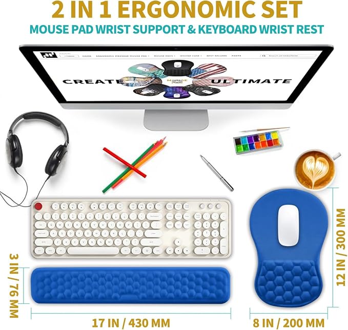 Hokafenle 2 in 1 Ergonomic Mouse Pad Wrist Support & Wrist Rest for Computer Keyboard Set, with Relieve Carpal Tunnel Pain Massage Bulge and Full Memory Gel Design (2In1 Set, Dg Blue) - Image 2
