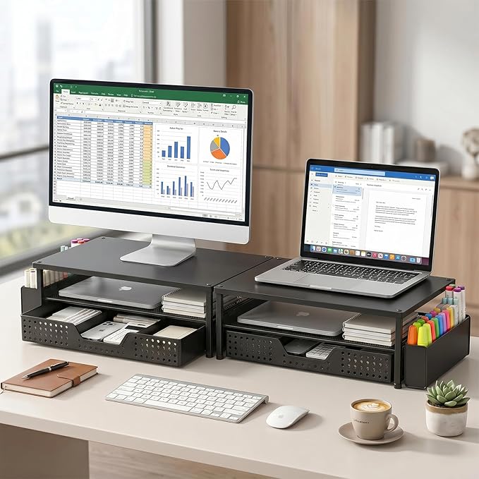 ECOLOVI Desk Organizer and Accessories, 2-Tier Computer Monitor Stand Rise with Storage Drawer & 2 Pen Holders, Laptop & Printer Stand for Desktop, Workspace Organizers for Office Supplies (Black Wood) - Image 5