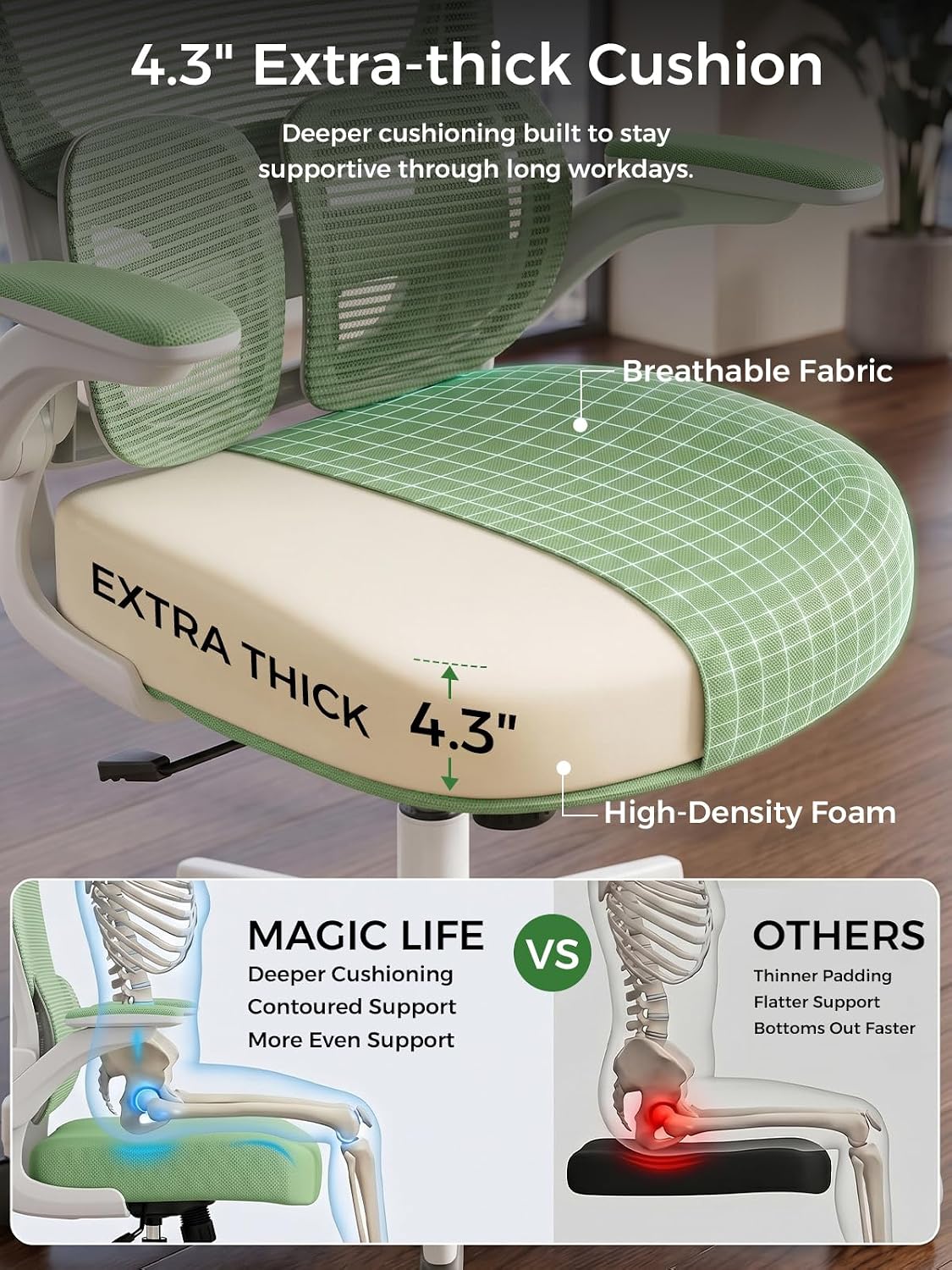 Ergonomic Office Desk Chair, Adjustable Dual Lumbar Support & Thick Seat - Image 4