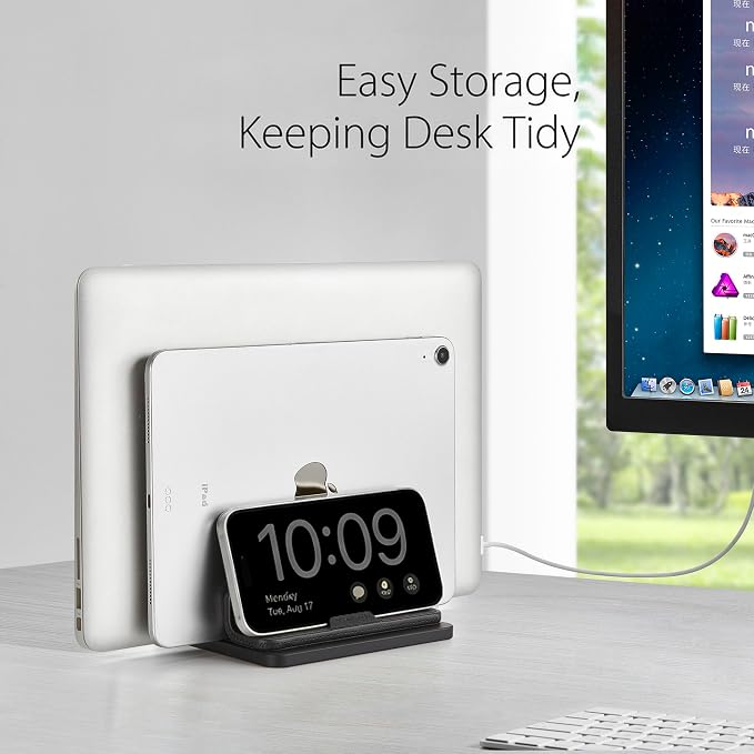 Dual Vertical Laptop Stand, 3 in 1 Upright Desktop Stand Holder with Adjustable Dock (Up to 17.3''), Leather Laptop Rack Storage Desk Organizer for Phone, Tablet, MacBook/HP/Dell/Chrome Book (Black) - Image 6