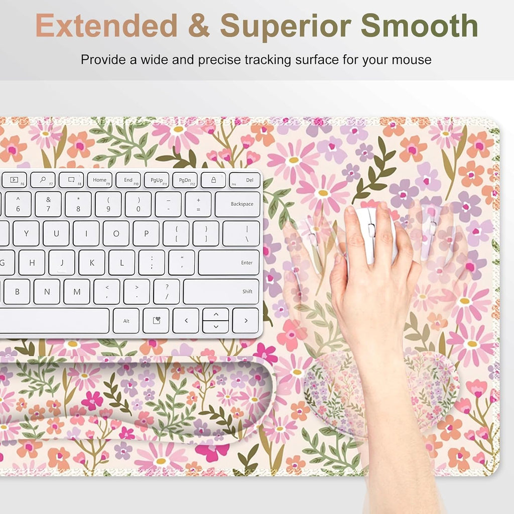 Large Gaming Mouse Pad Set, Ergonomics Keyboard Desk Mat with Memory Foam Wrist Rest, Computer PC Extended Game Mousepad, Non-Slip Desk Matt Easy Typing Pain Relief I Artistic Colroful Flowers - Image 4