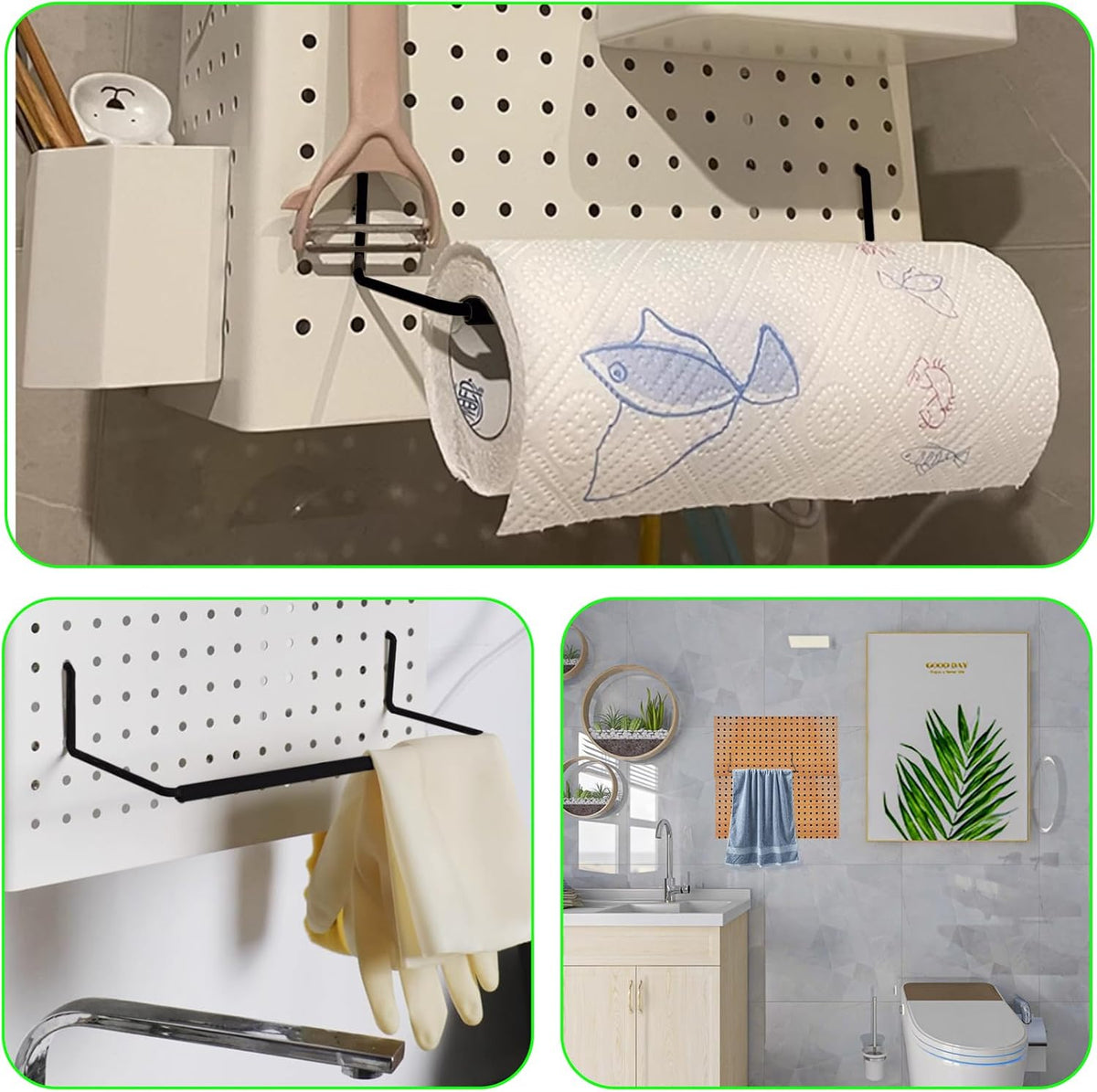 AccEncyc 6 Pack Pegboard Towel Holder Pegboard Hooks for Paper Towels, Kitchen Towels, Stickers, Tapes Great Peg Board Organizer Accessories for Workshop, Garage, Kitchen - Image 7