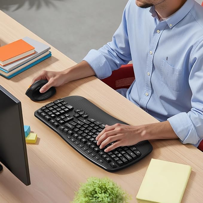 MEETION Wireless Ergonomic Keyboard with Wave Keys and Wrist Rest - Black | Firm wrist rest, 2.4G USB-A receiver, USB-C adapter included, full-size layout, compatible with Windows, Mac, PC, laptop - Image 8