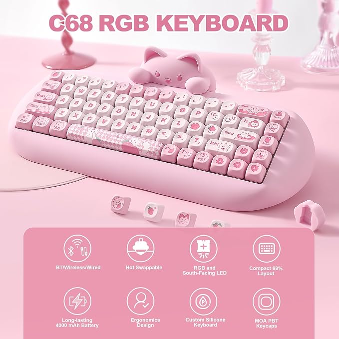 YUNZII C68 Silicone Cute Cat Mechanical Keyboard (Pink, Cocoa Cream Switch) | Wireless Triple Mode BT5.0/2.4G/Wired, RGB Backlit NKRO, Cute Cat Silicone Ergonomic Design for Win/Mac - Image 2