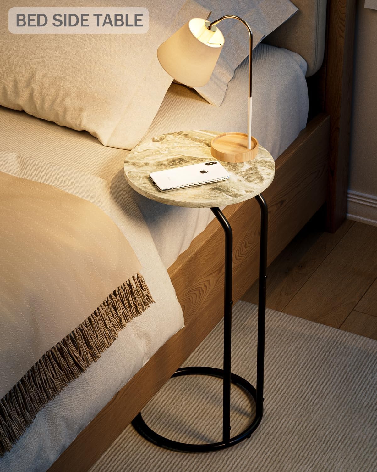 C-Shaped End Table, Small Side Table for Couch, Marble and Black - Image 5