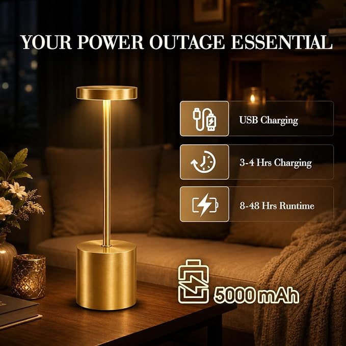 AUDLES Gold Cordless Table Lamps Set of 2, Brass Rechargeable Lamp, Battery Operated Lamps for Wedding Centerpiece & Holiday Tablescape, Touch Dimmable Glam Bedroom Nightstand Lamp, IP54 Waterproof - Image 6