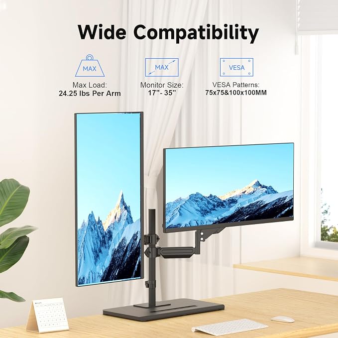 Suptek Freestanding Dual Monitor Stand for 2 Screens up to 35 Inches, Height Adjustable Monitor Arms Hold 24.25 lbs Each, Full Motion Dual Monitor Mount with Large Stable Base, VESA 75/100 - Image 2