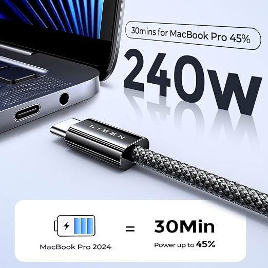 LISEN 240W USB C to USB C Cable, PS/2 Charging Cable (10FT+10FT) | 2-Pack, Black | USBC Cable for iPhone 17/16/15 Pro Max, iPad Pro/Air, MacBook Pro/Air, Samsung Galaxy S26 Ultra, Laptop - Image 2