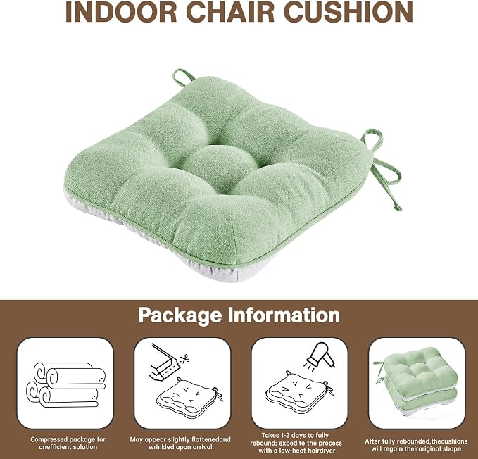 BETU Chair Cushions for Dining Chairs Set of 6,3.5" Thick Kitchen Table Chair Pads with Ties,Non Slip Backing and Covers, Home Decor Seat Cushion for Dining Room,Bar,Patio Chairs15.5"X15.5"X3.5"Green - Image 9