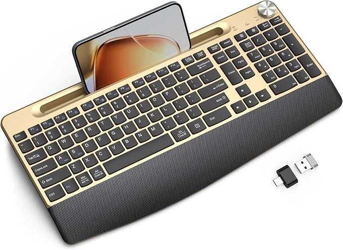 JOYACCESS Ergonomic Wireless Keyboard with Wrist Rest, Phone/Tablet Holder,Windows & Mac OS, 2.4 GHz Wireless, Full-Size,Quiet Keyboard Compatible for Laptop,PC, Mac, Windows -Black Glod by JOYACCESS