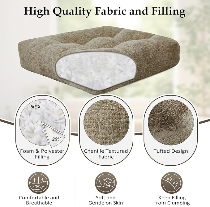 downluxe Chair Cushions for Dining Chairs 2 Pack, Tufted Indoor Chair Pads with Non-Slip Bottom, U-Shaped Kitchen Chair Cushions, 18"x18"x4", Khaki - Image 2