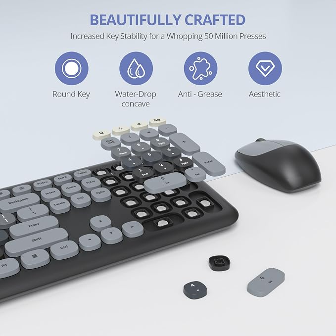 surmen Cute Keyboard and Mouse Wireless, Full-Size Retro Typewriter Wireless Silent Colorful Keyboard Low-Noise 2.4GHz for Home and Office (6-Gradient Dark) - Image 3