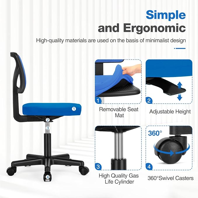 Sweetcrispy Small Armless Desk Chair, Mesh Rolling Office Chairs | Adjustable Ergonomic Lumbar Support, Low-Back, Swivel Wheels, Home Work, Bedroom, Study, Student, Adults, Classic Blue - Image 5