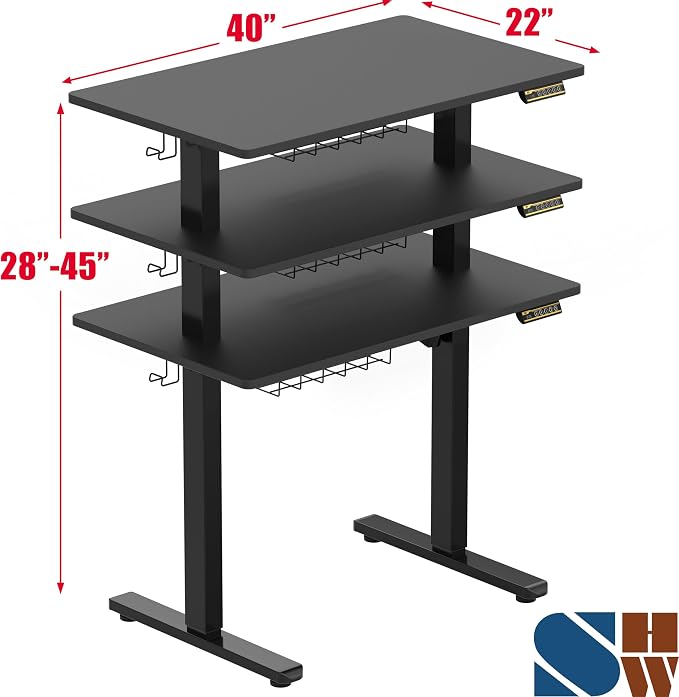 SHW 40 x 22 Electric Height Adjustable Sit to Stand Desk, Black | with Hanging Hooks and Cable Management, Black Frame and Black Top - Image 3
