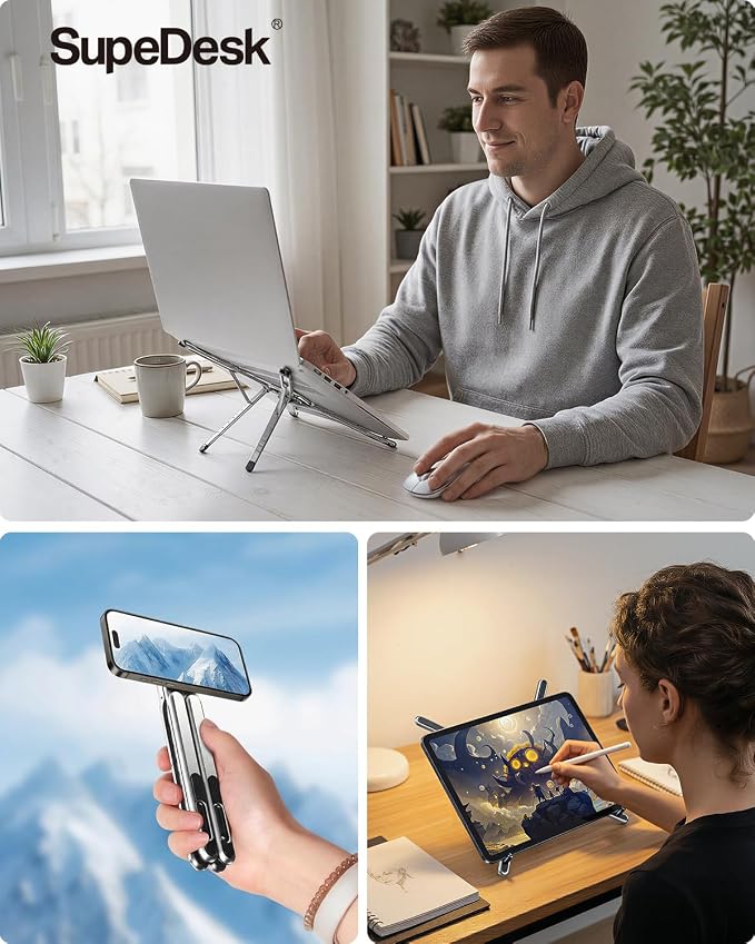Adjustable Laptop Stand, 3-in-1 Magnetic Foldable Stand for Laptop, Tablet & Phone, Portable Aluminum Laptop Riser with Multi-Angle Support for Desk, Home & Travel - Image 2