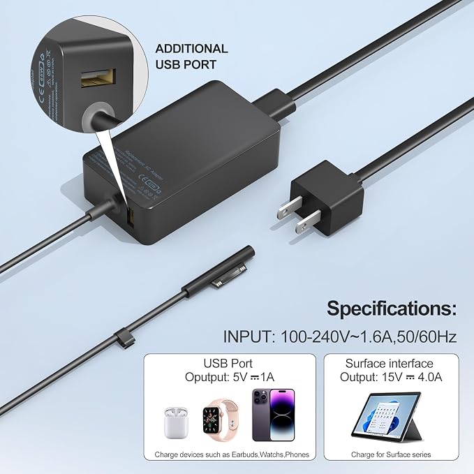 65W Surface Pro Laptop Charger for Microsoft Surface Pro 11,10, 9, 8, 7+, 7, 6, 5 Surface Laptop 5 Studio 4 Go 3 2, Surface Book 3 2 1, Surface Go Tablet, Support 36W, 44W - Image 3