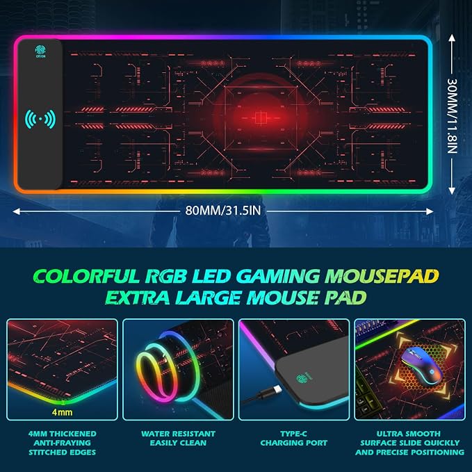 ToLuLu RGB Gaming Wireless Charging Mouse Pad, 10 Light Modes LED Mouse Pad | 5/7.5/10/15W Computer Keyboard Mat Mousepad, 800x300x4MM Extended Large Desk Mat for Gaming, MacBook, Laptop, PC,Cool Red - Image 5