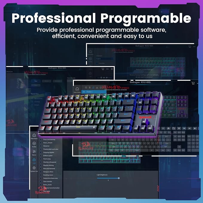 Redragon Wireless Gaming Keyboard, BT/2.4Ghz Tri-Mode Mechanical Keyboard, buit-in Battery, Programmable 87 Keys TKL, LED Rainbow Backlit - K552-KRS - Image 6