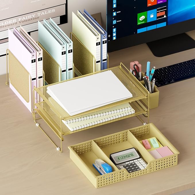 LEKETREE Gold Desk Organizer, Office Organization with Vertical File Holder, File Organizer with Drawer and Pen Holder, Desk Accessories and Workspace Organizers for Home Office (Gold) - Image 3
