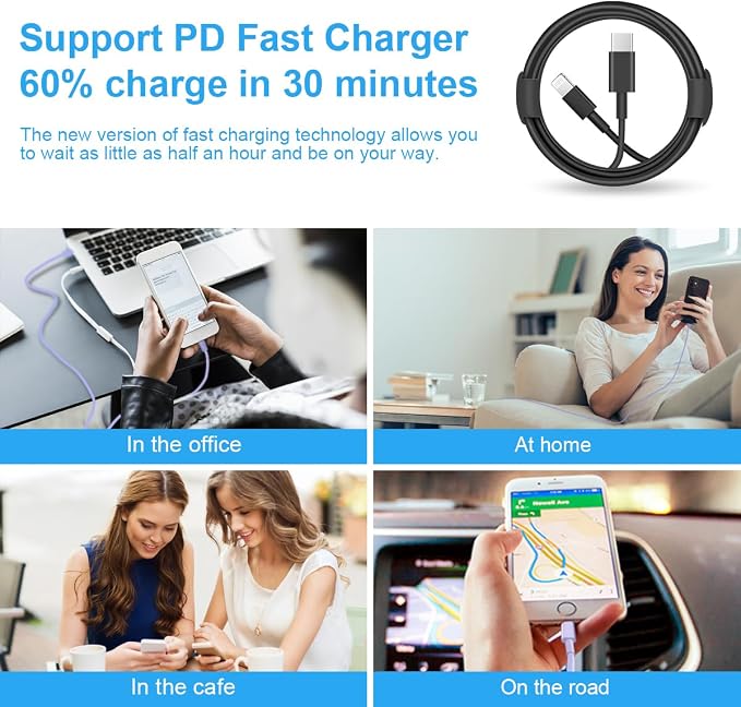 iPhone Fast Charger 3+3Pack 20W USB C Wall Charger with 6FT Fast Charging Cable Compatible with iPhone 14/13/12/11/Pro/Pro Max-Black - Image 6