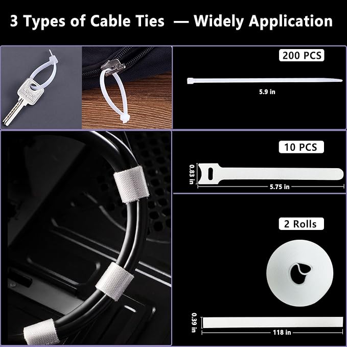 White Cable Management Organizer Kit 4 Cable Sleeve Split 311Pcs | 47Cable Clips 12Cord Clips Holder,22 Cable Ties, 20 adhesive Wall cable Tie, 200Fasten Cable Ties for TV Electronics - Image 4