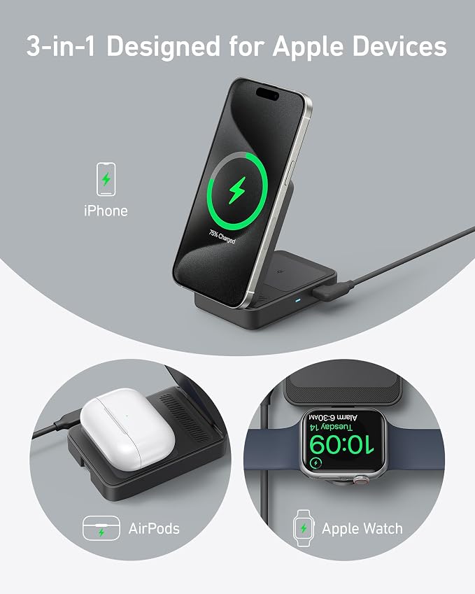 Anker MagGo 3-in-1 MagSafe-Compatible Qi2 15W Foldable Charging Station | Qi2-Certified Wireless Charging Stand for iPhone 17 - 12 Series, AirPods, Apple Watch Ultra(Non-Battery, Adapter Included) - Image 5